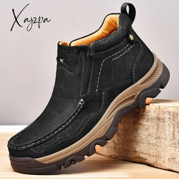 Xajzpa - Men Boots Genuine Leather Rubber Ankle Outdoor Hiking Shoes Climbing 2023 New